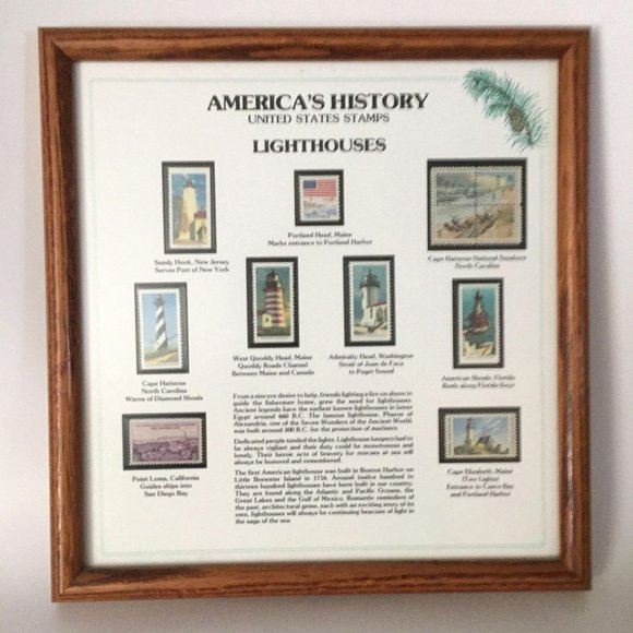 Unbranded Other - USPS Stamp Art Framed History of USA Lighthouse Stamps Wood Glass Nautical Decor